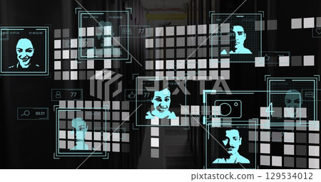 Image of multiple profile icons with data processing against mosaic squares and server room Image of multiple profile icons with data processing against mosaic squares and server room 129534012