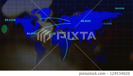 Image of multiple numbers floating over a world map against city traffic at night 129534020