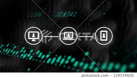 Image of network of connections with icons over data processing on black background 129534026