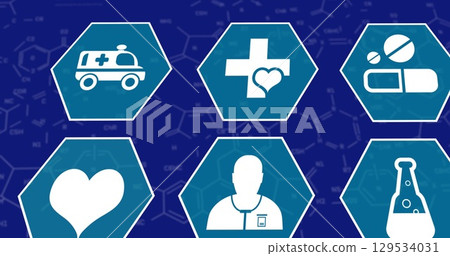 Image of medical icons over blue background 129534031