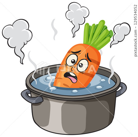 Worried Cartoon Carrot Boiling in Steaming Pot Worried Cartoon Carrot Boiling in Steaming Pot 129534052