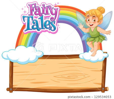 Fairy Sitting on Rainbow with Wooden Sign Frame Fairy Sitting on Rainbow with Wooden Sign Frame 129534053