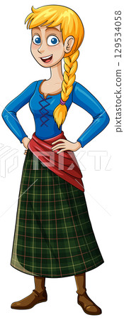 Smiling Cartoon Woman in Plaid Skirt with Braid Smiling Cartoon Woman in Plaid Skirt with Braid 129534058