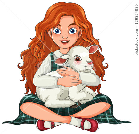 Red-Haired Girl in Plaid Dress Hugging Lamb Red-Haired Girl in Plaid Dress Hugging Lamb 129534059