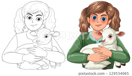 Girl With Brown Hair Holding White Lamb Illustration 129534065