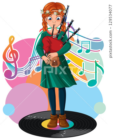 Young Girl Playing Bagpipes on Vinyl Record Young Girl Playing Bagpipes on Vinyl Record 129534077