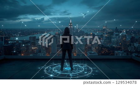 Corporate Visionary: Woman Overlooking Futuristic Cityscape 129534078