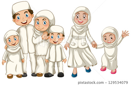 Muslim Family in Traditional White Clothing Smiling Together Muslim Family in Traditional White Clothing Smiling Together 129534079