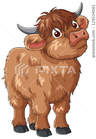 Cartoon Highland Cow with Shaggy Brown Fur 129534081