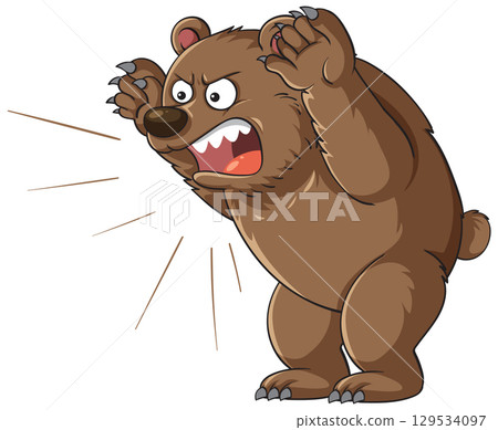 Angry Cartoon Bear Roaring with Raised Paws 129534097