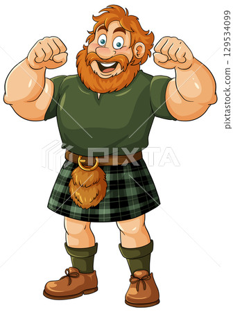 Smiling Cartoon Highlander Flexing Muscles in Tartan Kilt 129534099
