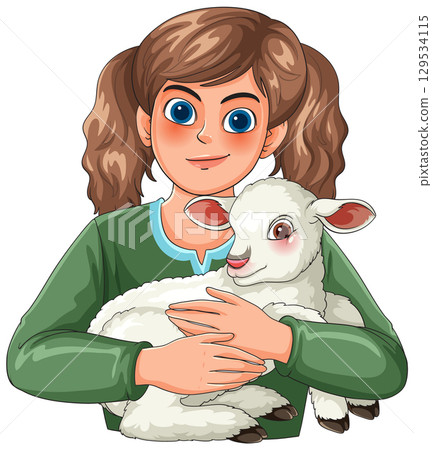Young Girl Holding White Lamb in Her Arms Young Girl Holding White Lamb in Her Arms 129534115