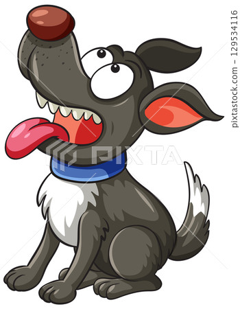 Cartoon Happy Dog Sitting With Blue Collar 129534116