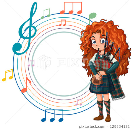 Red-Haired Girl Playing Bagpipes with Musical Notes 129534121