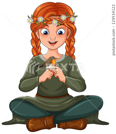Red-Haired Girl Sitting Cross-Legged Holding Robin 129534122