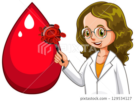 Female Scientist Examining Blood Drop with Magnifier 129534127