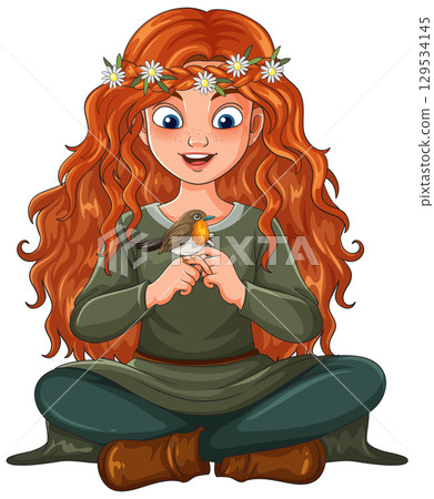 Red-Haired Girl Holding Robin Bird in Lap Red-Haired Girl Holding Robin Bird in Lap 129534145