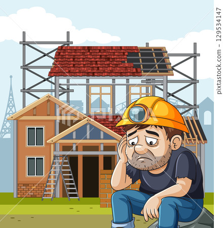 Sad Construction Worker Sitting at Building Site Sad Construction Worker Sitting at Building Site 129534147