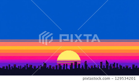 Pixel art background with city skyline at sunset in retro 8bit video game style. Synthwave aesthetic with cityscape silhouette and colorful sky for wallpaper 129534201