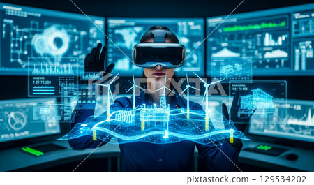 Engineer wearing virtual reality headset interacts with holographic model of energy production facilities, combining wind turbines and industrial plant in futuristic interface 129534202