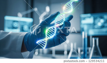 Scientist in glove holding glowing DNA helix, concept of genetic engineering, biotechnology, and medical research in modern science laboratory Scientist in glove holding glowing DNA helix, concept of genetic engineering, biotechnology, and medical research in modern science laboratory 129534211