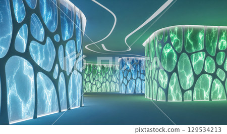 Futuristic interior with glowing blue and green energy walls, abstract background of modern virtual reality world or exhibition hall space Futuristic interior with glowing blue and green energy walls, abstract background of modern virtual reality world or exhibition hall space 129534213