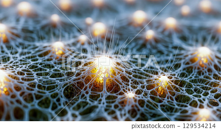 Abstract neural network with glowing nodes, concept of artificial intelligence, mycelium network, or biological synapses with connected neurons background 129534214