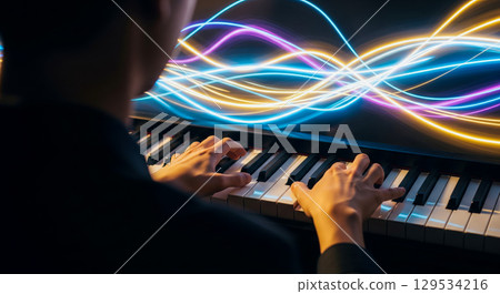 Musician playing piano with glowing abstract light trails representing sound waves. Creative concept of music, inspiration and performance on digital keyboard Musician playing piano with glowing abstract light trails representing sound waves. Creative concept of music, inspiration and performance on digital keyboard 129534216