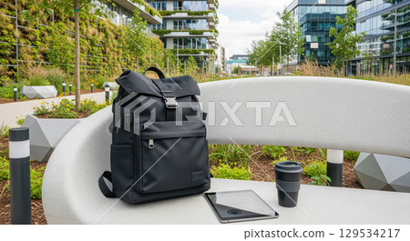 Black backpack with tablet and reusable coffee cup on modern city bench. Urban student or freelancer lifestyle with green buildings in the background Black backpack with tablet and reusable coffee cup on modern city bench. Urban student or freelancer lifestyle with green buildings in the background 129534217