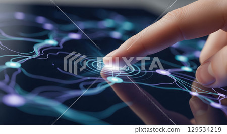 Finger activating neural network on liquid touch screen, person interacting with futuristic artificial intelligence system creating ripples on water surface 129534219