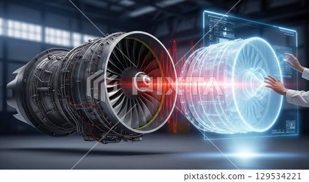 Engineer using augmented reality to analyze a jet engine with a holographic interface. Aerospace technology and innovation in manufacturing and maintenance concept 129534221