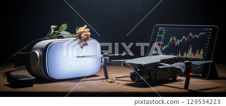 Still life with modern technology like a drone, vr headset and stock market tablet. Concept of virtual reality versus nature represented by a dying rose 129534223