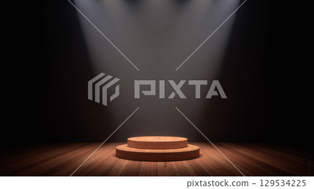 Two-step wooden podium illuminated by dual spotlights in dark room, ideal for sleek and focused product presentations or displays Two-step wooden podium illuminated by dual spotlights in dark room, ideal for sleek and focused product presentations or displays 129534225