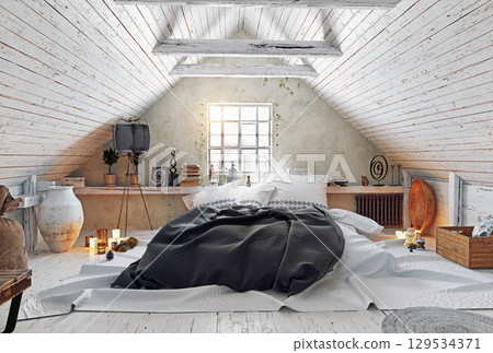 Modern Interior of a Bright Attic Bedroom 129534371