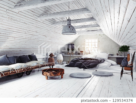 Minimalist Attic with Seating Area 129534374