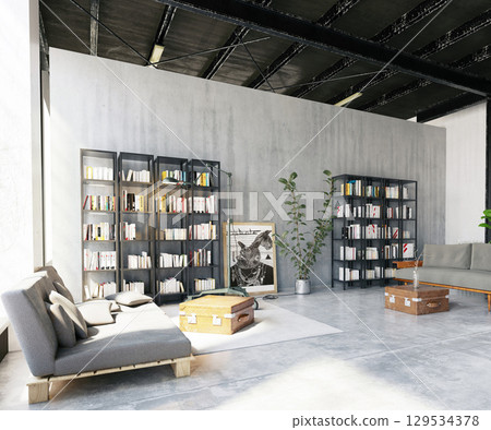 Industrial Loft with Bookshelves 129534378