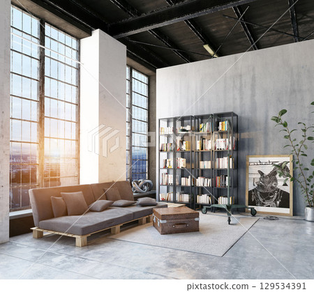 Loft with a Panoramic Sunset Window 129534391