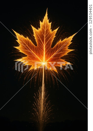 Golden firework shaped like a maple leaf exploding in the night sky 129534401