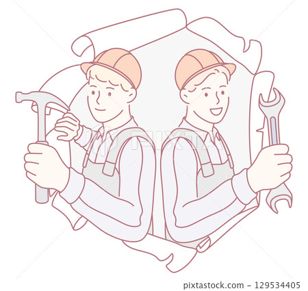 Illustration of Two Construction Workers with Tools, showcasing teamwork and construction skills Illustration of Two Construction Workers with Tools, showcasing teamwork and construction skills 129534405