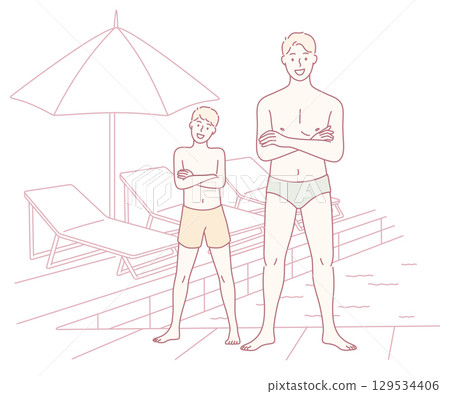 A Relaxing and Joyful Summer Poolside Scene Featuring Two Young Boys Enjoying Their Time 129534406