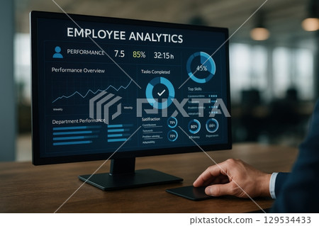 Office worker analyzing employee performance metrics on a desktop monitor 129534433