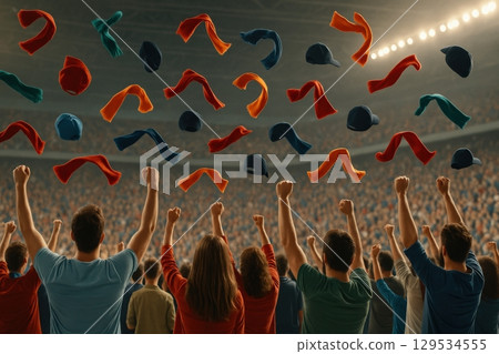 Crowd of diverse fans celebrate in a stadium, throwing scarves and caps into the air 129534555