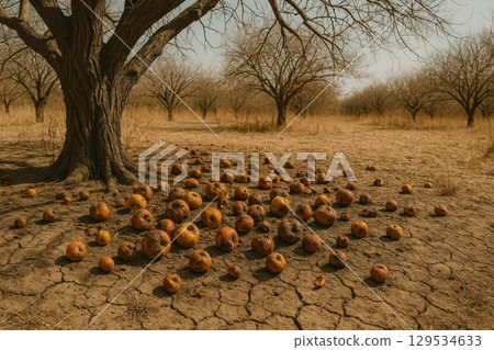 Rotten fruits scattered on cracked dry soil beneath a barren tree in a dried orchard 129534633