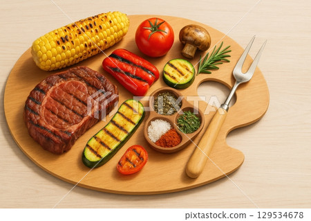 Grilled steak and vegetables on wooden palette 129534678