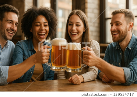 Group of friends toasting beer mugs Group of friends toasting beer mugs 129534717