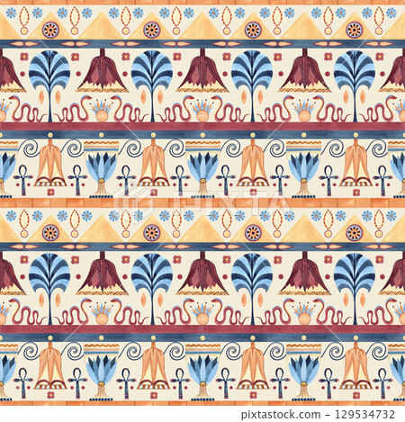 Egyptian seamless pattern. Oriental ancient ornament. Sacred lotus shaped with Ankh, snake, flowers, pyramid, palm. Watercolor illustration. African culture traditional decorative items for textile 129534732