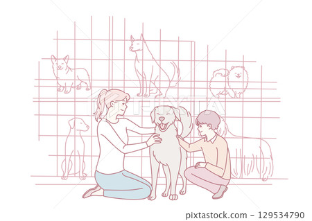 Happy mother and son adopt dog from shelter 129534790