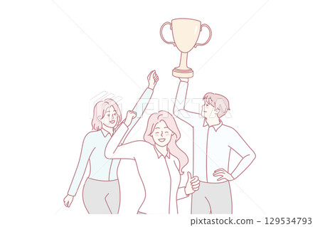 Excited work team hold prize celebrate success Excited work team hold prize celebrate success 129534793
