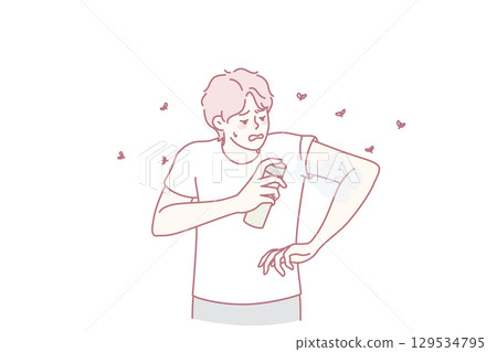 Young man apply anti-mosquito spray 129534795