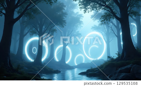 Magical Nature Scene with Surreal Floating Circles and Trees 129535108